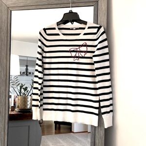 Gap, S, cream / black stripe crewneck sweater, red ribbon detail, so soft & cozy